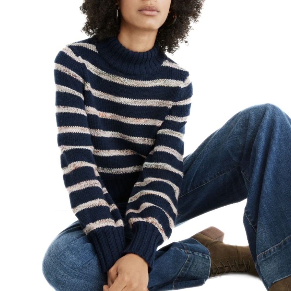 Madewell Blue Dark NightFall Striped Wool Mock-Neck Metcalf Knit Sweater Size M